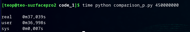 Terminal output of "time python comparison_p.py 450000000" showing a real time of about 37.04 seconds