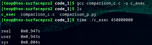Terminal compiling comparison_c.c with gcc and running "time ./c_exec 450000000", showing a real time of about 0.95 seconds