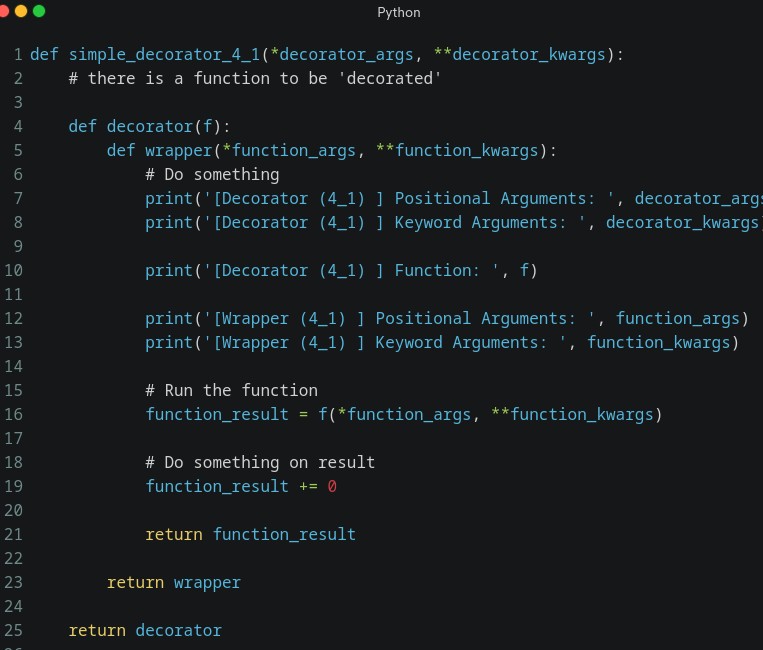 Python code for simple_decorator_4_1, a parameterized decorator whose wrapper prints the decorator and function arguments, calls the wrapped function and returns its result