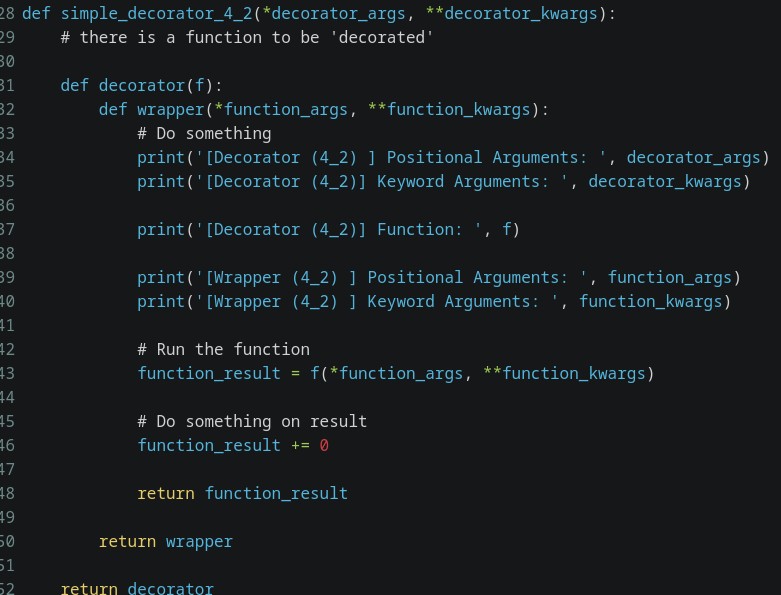 Python code for simple_decorator_4_2, a second parameterized decorator with the same structure that prints its own arguments before calling the wrapped function