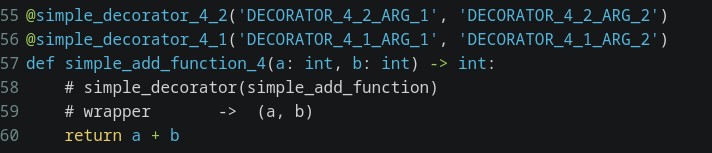 Python code stacking @simple_decorator_4_2 and @simple_decorator_4_1, each with two string arguments, on simple_add_function_4, which returns a + b