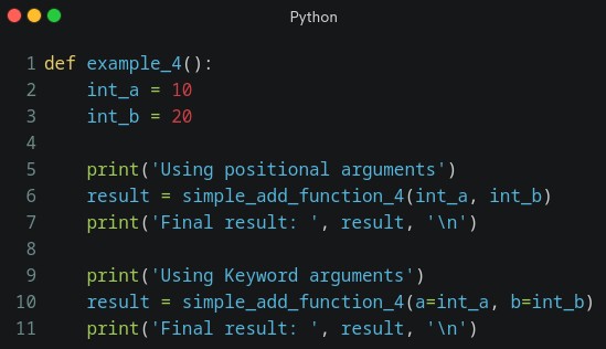 Python function example_4 calling simple_add_function_4 with 10 and 20, first with positional arguments and then with keyword arguments, and printing the results