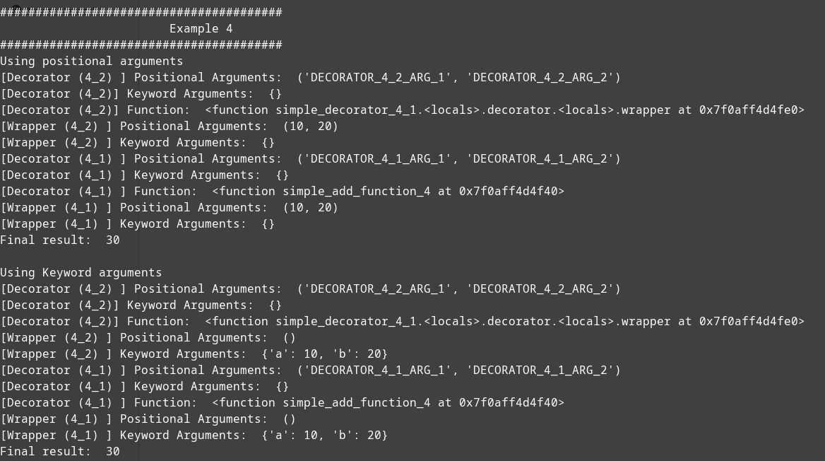 Console output of Example 4 showing the outer 4_2 decorator running before the inner 4_1 decorator, the positional and keyword arguments each wrapper receives, and a final result of 30 in both cases