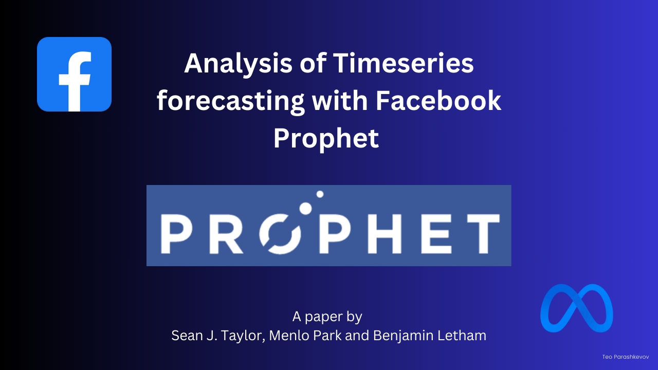 Title card reading "Analysis of Timeseries forecasting with Facebook Prophet" with the Facebook, Prophet and Meta logos and the paper authors Sean J. Taylor and Benjamin Letham