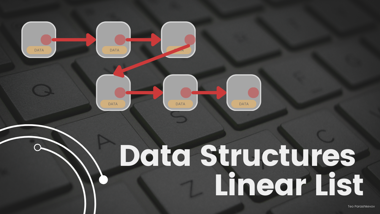 Title card reading "Data Structures Linear List" over a dark keyboard background, with a chain of linked list nodes labeled DATA connected by red arrows