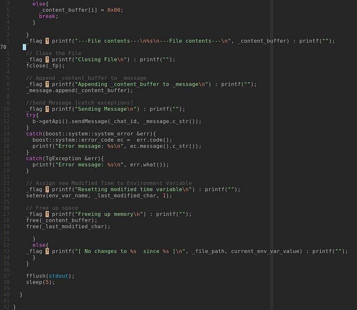 Code screenshot of the second part of send_message_to_chat(): appending the content buffer to the message, sending it with b->getApi().sendMessage inside a try block that catches boost::system::system_error and TgException, resetting the environment variable with setenv, freeing the buffers, flushing stdout and sleeping for 5 seconds