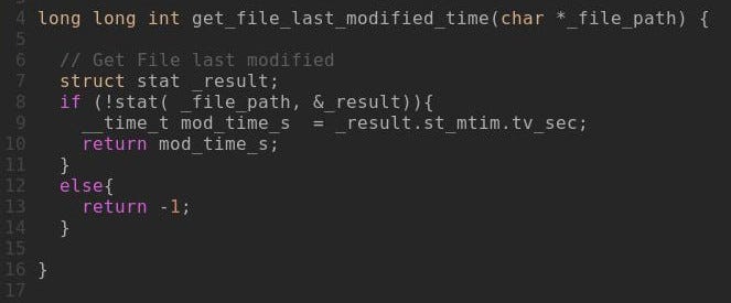 Code screenshot of get_file_last_modified_time(): it calls stat on the file path and returns st_mtim.tv_sec on success, or -1 otherwise