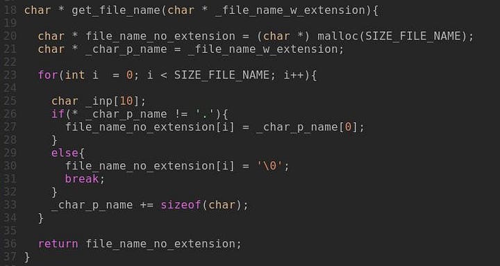 Code screenshot of get_file_name(): it allocates SIZE_FILE_NAME bytes and copies characters from the input name until it reaches a '.' character, where it writes a '\0' terminator and returns the new string