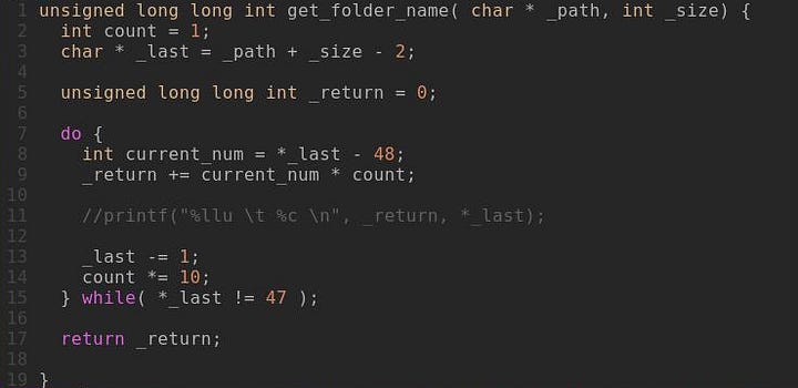 Code screenshot of get_folder_name(): a do-while loop walks backwards from the end of the path, subtracting 48 from each digit character, multiplying by an increasing power of 10 and adding it to the result until it reaches a '/' (ASCII 47)