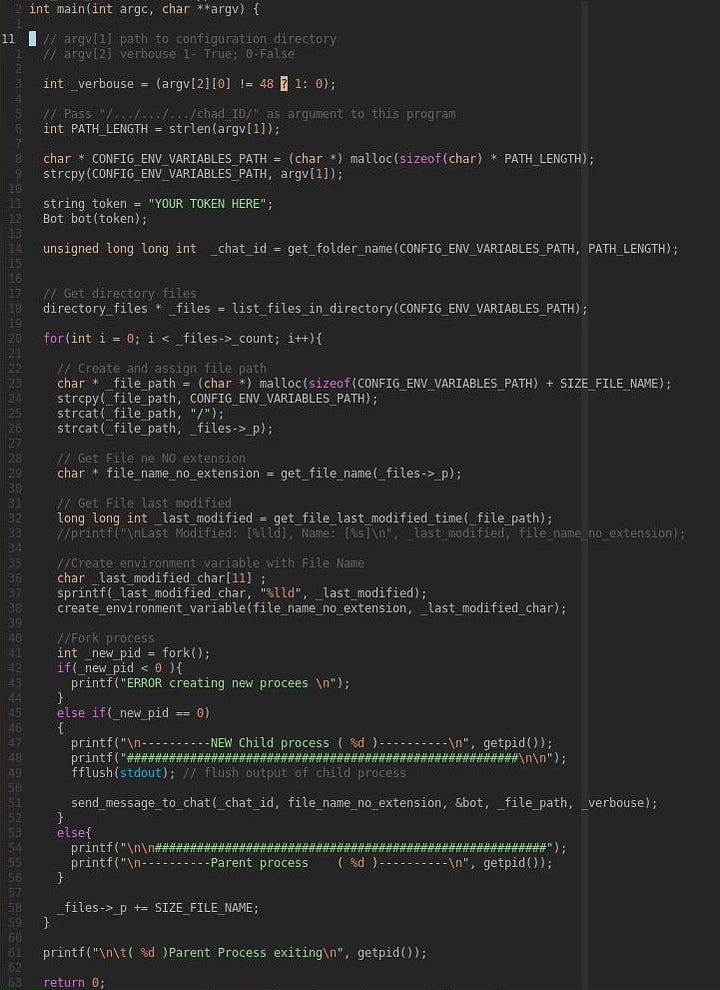 Code screenshot of main(): it reads the configuration directory path and verbosity flag from argv, creates the Bot with the token, gets the chat id from the folder name, lists the directory files, and for each file builds its path, strips the extension, stores its last modified time in an environment variable and forks a child process that calls send_message_to_chat()