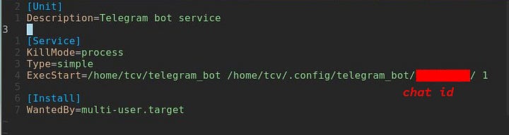 systemd unit file for the Telegram bot service: Description=Telegram bot service, KillMode=process, Type=simple, ExecStart running the telegram_bot executable with the configuration directory named after a redacted chat id and verbosity 1, and WantedBy=multi-user.target