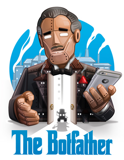 The BotFather mascot: a robot godfather in a tuxedo holding a smartphone, above the words The Botfather