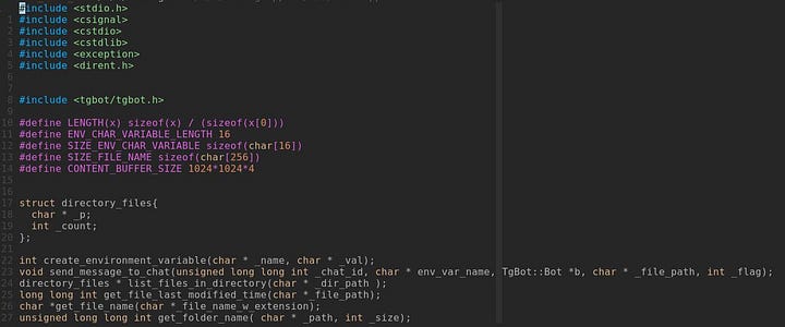 Code screenshot of config.h: include directives for stdio.h, csignal, cstdio, cstdlib, exception, dirent.h and tgbot/tgbot.h, the buffer size #define macros, the directory_files struct and the function declarations