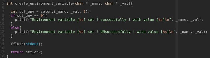 Code screenshot of create_environment_variable(): it calls setenv(_name, _val, 1), prints whether the variable was set successfully or unsuccessfully, flushes stdout and returns the setenv result