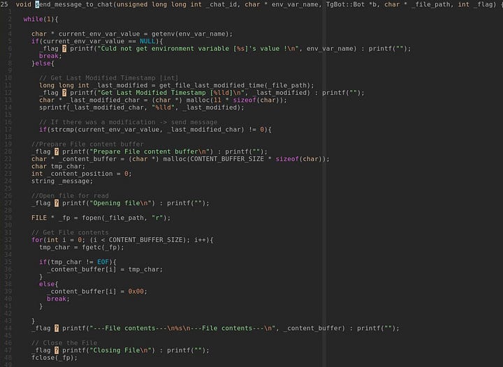 Code screenshot of the first part of send_message_to_chat(): an infinite while loop that reads the environment variable with getenv, gets the file's last modified timestamp, compares the two with strcmp, then allocates a content buffer and reads the file character by character with fgetc until EOF before closing it