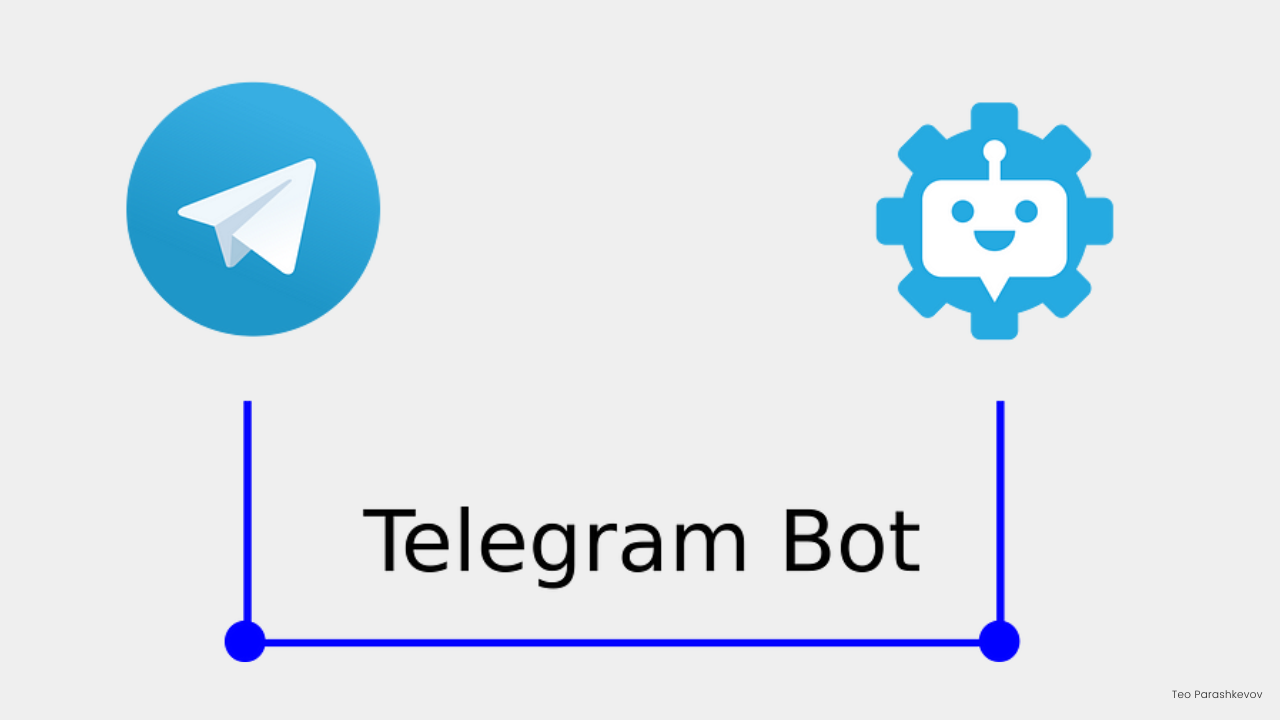 The Telegram logo and a blue robot-in-a-gear bot icon connected by a line, above the words Telegram Bot