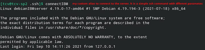 Terminal showing a custom alias for the ssh command logging straight into a Debian server without a password prompt and printing the login banner