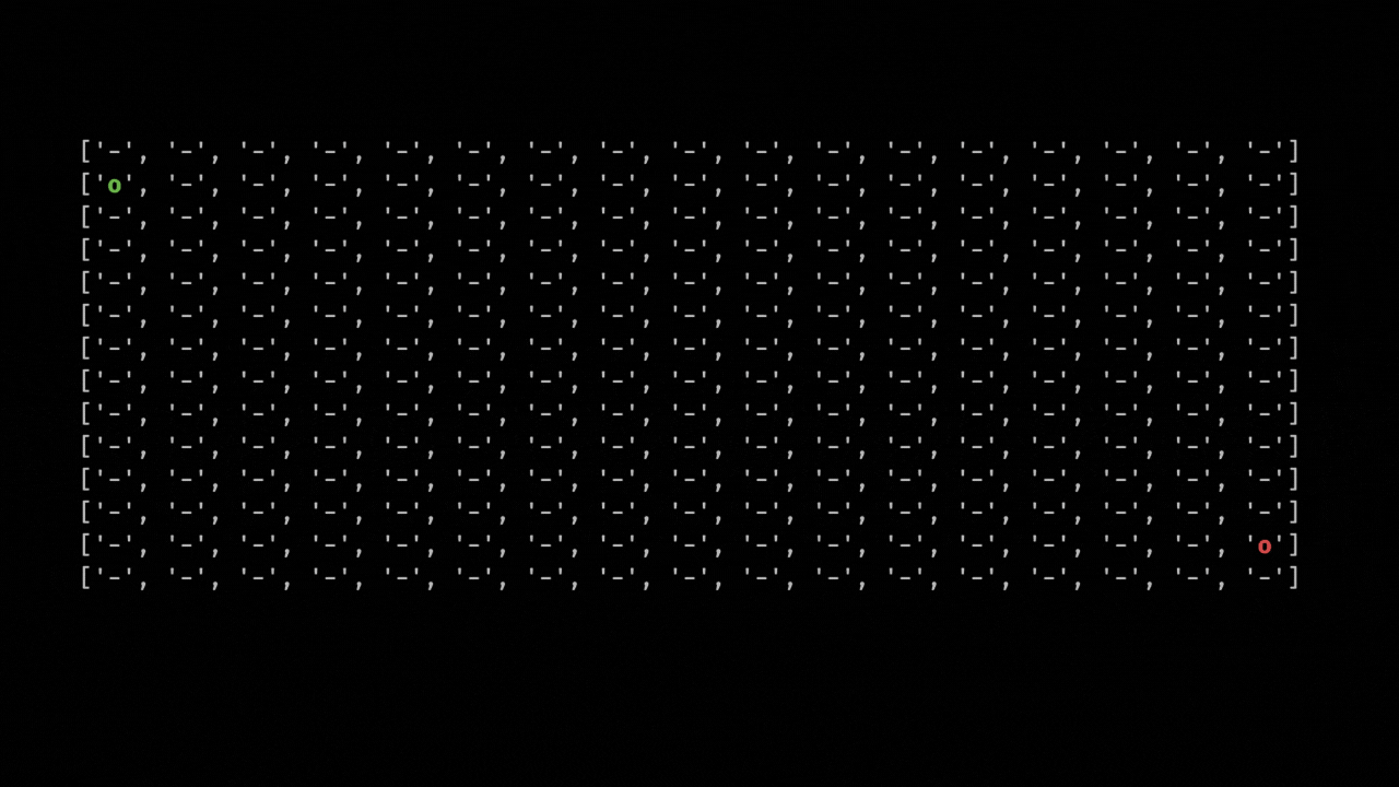 Animated terminal output of the maze solver tracing a path with "o" markers from the maze entrance on the left to the exit in the bottom-right corner